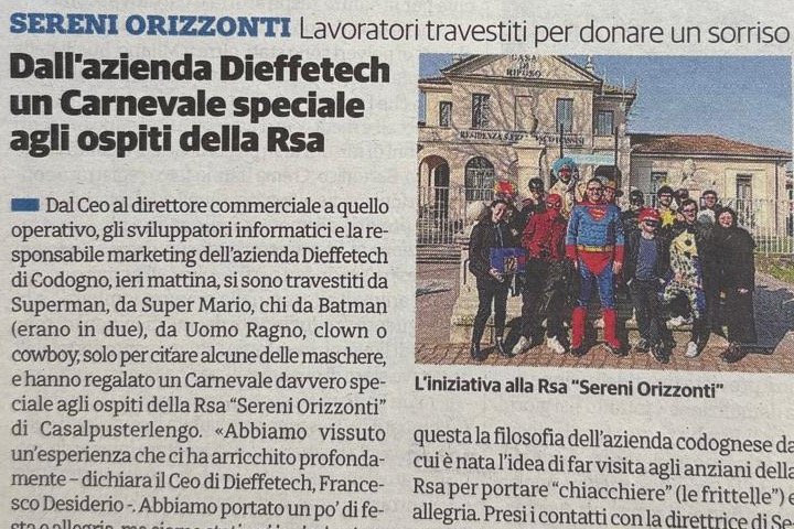 Articolo di giornale: «Dall'azienda Dieffetech un Carnevale speciale agli ospiti della Rsa»